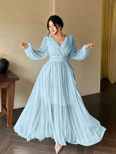 Vibekara Romantic V-Neck Backless Long Sleeve Dress, Flowy Elegant Greek Style White Goddess Gown