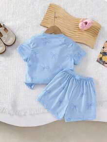 SHEIN Genkimix Kids 2件套 女童休闲甜美日常圆领短袖露脐T恤，带3D蝴蝶结装饰和松紧腰短裤 - 彩色 - 查看 3