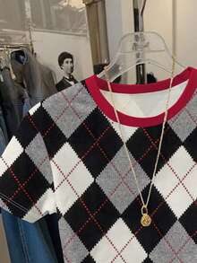 Resyla 女士休闲菱形印花撞色滚边圆领短袖T恤，夏季 - 彩色 - 查看 3