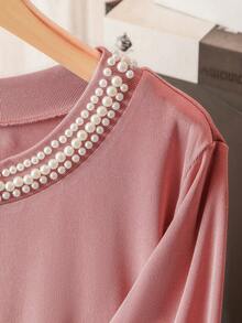 Lacomfia Women's Pearl Decor Loose Comfortable Elegant Fashion Versatile Plus Size T-Shirt - Pink - View 4