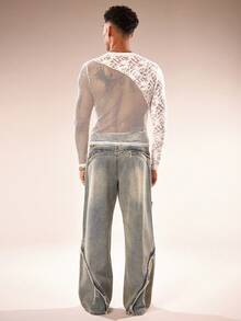 FeverCity Men's Contrast Lace Hollow Design Round Neck Long Sleeve T-Shirt - White - View 8