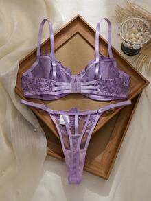 两件套网纱刺绣女士内衣套装 - 紫丁香色 - 查看 2