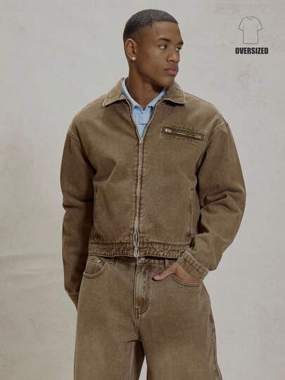 Musero Chaqueta de jean de manga larga con hombros caídos, cuello, cierre de cremallera y lavado desgastado, en talla grande y corta, esencial de invierno