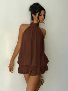 Aloruh Vestido mini elegante de mujer con cuello halter y lazo en color amarillo claro - Óxido marrón - Ver 7