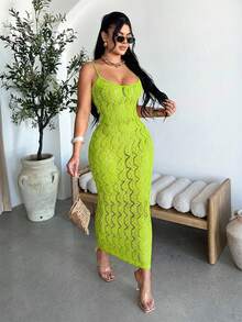 SHEIN SXY Women's Solid Color Hollow Out Bodycon Slip Dress ,Summer Neon Green Sets Woman Lime Women - Green - View 4