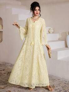 SHEIN Najma Đầm Ả Rập nữ tay lửng 3/4 cổ vuông, ren tua rua, dáng xòe - Màu vàng - Xem 7