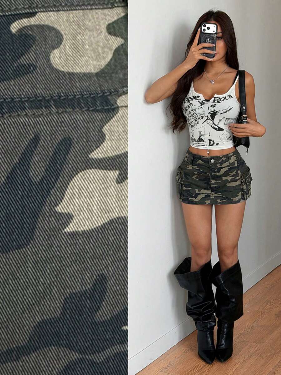 SHEIN Tall Summer Tall Women's Camouflage Print Multi-Pocket Casual Sexy Summer Outfits For Women Denim Skirt - Army Green - View 1