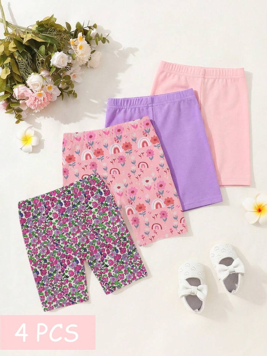 SHEIN Playful Pals 4件套女童可爱数码印花短裤,休闲舒适打底裤,适合日常穿着,婴幼儿夏季短裤 - 彩色 - 查看 1
