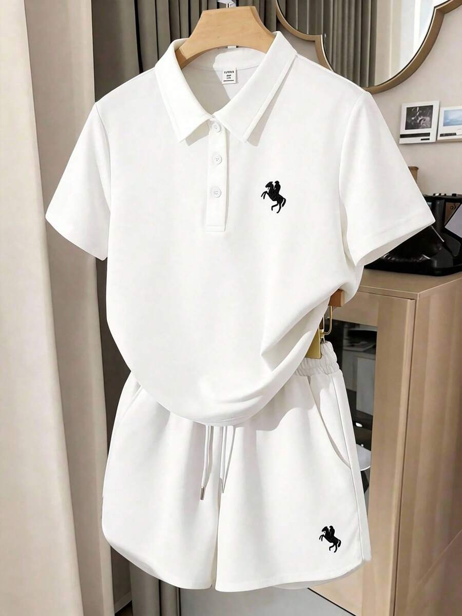 SHEIN 少女宽松休闲马图案Polo衫短裤套装 - 白色 - 查看 1