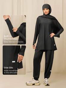 GLOWMODE Áo nỉ dáng rộng X Reem Modest Cool Flow thoáng mát, nhanh khô, chống nắng, có lỗ xỏ ngón tay, xẻ tà bên hông, khóa kéo ¼, thích hợp cho tập luyện, chạy bộ, tập gym, studio và hoạt động hàng ngày. - màu đen - Xem 4