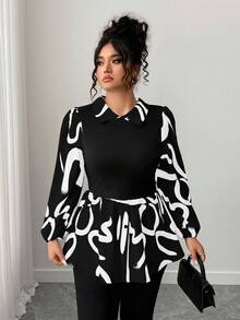 Elenzga Camisa de manga larga con cuello vuelto y estampado de color contrastante para tallas grandes - Negro - Ver 3