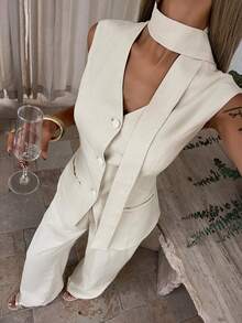 Livesso Damen elegantes ärmelloses, fließendes Top und lässige Hose Zweiteiler, geeignet für Sommer Urlaubs-Loungewear für Frauen - Beige - Übersicht 2