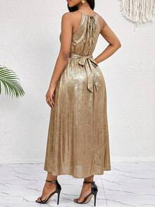 SHEIN Lady Tie Backless Halter Neck Metallic Dress - Gold - View 2