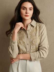 Anewsta Camisa de lino bordada en caqui con strass dorados para mujer, blusa elegante de manga larga para primavera/verano, vacaciones - Caqui - Ver 3
