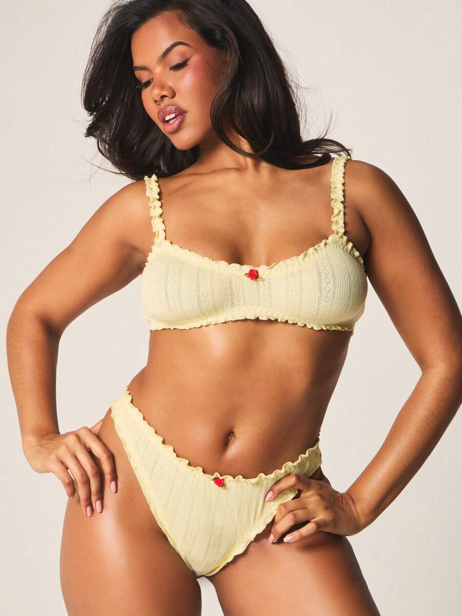 MISSGUIDED Bộ áo ngực và quần lọt khe dệt kim Pointelle với viền ren và chi tiết nơ trang trí, nội y cúp mềm mại. - Màu vàng - Xem 1
