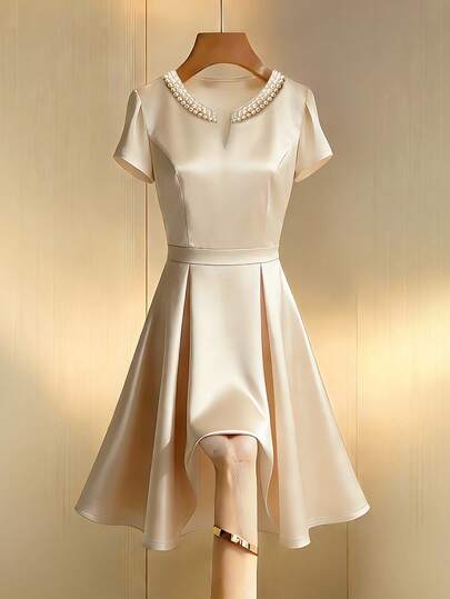 GlowEve Champagne Color Crepe Fabric High-End Design V-Neck Bubble Pearl Decor Waist Cinching Short Sleeve Mini Dress, Elegant & Sophisticated For Valentine's Day, Easter, Labor Day, Birthday, Date, Party, Formal Occasions, Teacher's Outfit, Travel, Spring/Summer