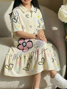 SHEIN Tween Girl Ditsy Floral Knit Casual Dress - White - View 3