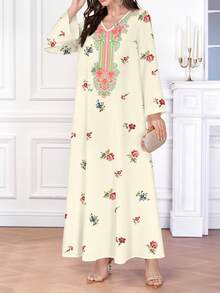 Al Najma 女士阿拉伯花卉印花 V 领长袖长裙款式，阿拉伯连衣裙 - 杏色 - 查看 4