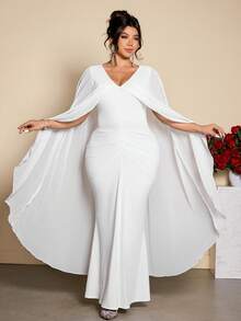 Cravure Plus Size Women Elegant V-Neck Ruched Waist Mermaid Hem Party Dress - White - View 3