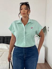 SHEIN Frenchy Plus Size Cherry Striped Single-Breasted Batwing Sleeve Shirt - Green - View 4