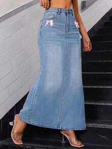 SHEIN Privé Women's Bow Print Pocket Casual Long Denim Skirt - Light Wash - View 1