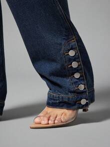 Denimoi Slouchy Fit Straight Leg Denim Jeans With Button Detail On Ankle Straight Leg Jeans Streetwear - Medium Wash - View 3