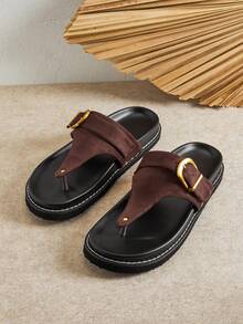 SHUZIA Women's Fashion Casual Comfy Adjustable Buckled Thone Flat Sandals - Chocolate Brown - View 7