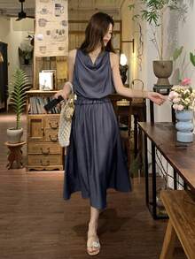 DAZY Women's Tencel Denim Draped Neck Elastic Ruched Waist Sleeveless Denim Dress - Blue - View 5