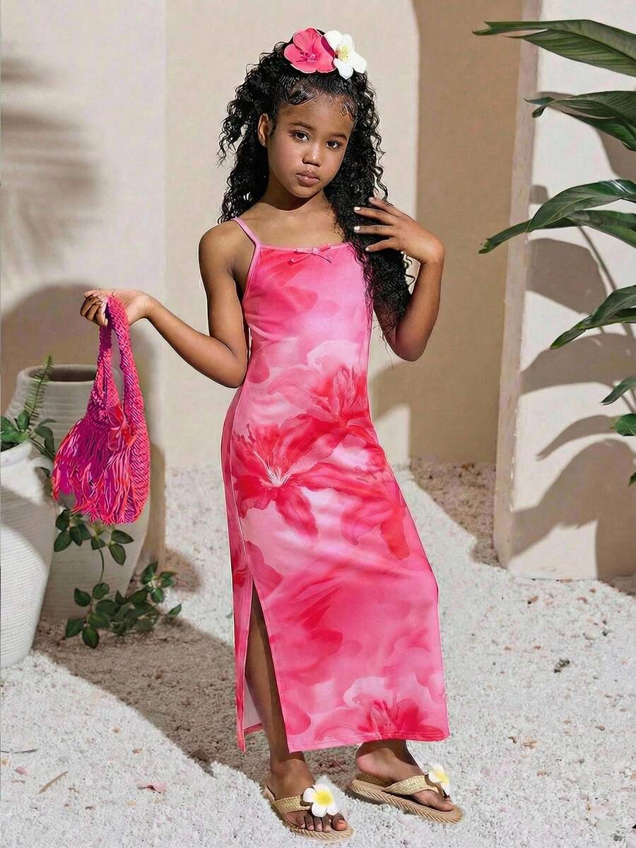 Vestido de punto con estampado floral sin mangas y bajo dividido, estilo casual de vacaciones para niña preadolescente, primavera/verano - Rosa Fucsia - Ver 1