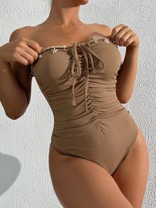 Swim Vcay Maiô tomara que caia marrom com estampa de estrela-do-mar e conchas, peça única, elegante e perfeito para resorts. - Castanho - Ver 3