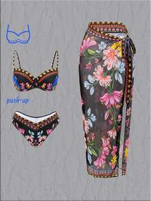 Swim Oasis Women's Sexy Push-Up Printed Bikini Set + Matching Mesh Skirt, Spring/Summer - Multicolor - View 5