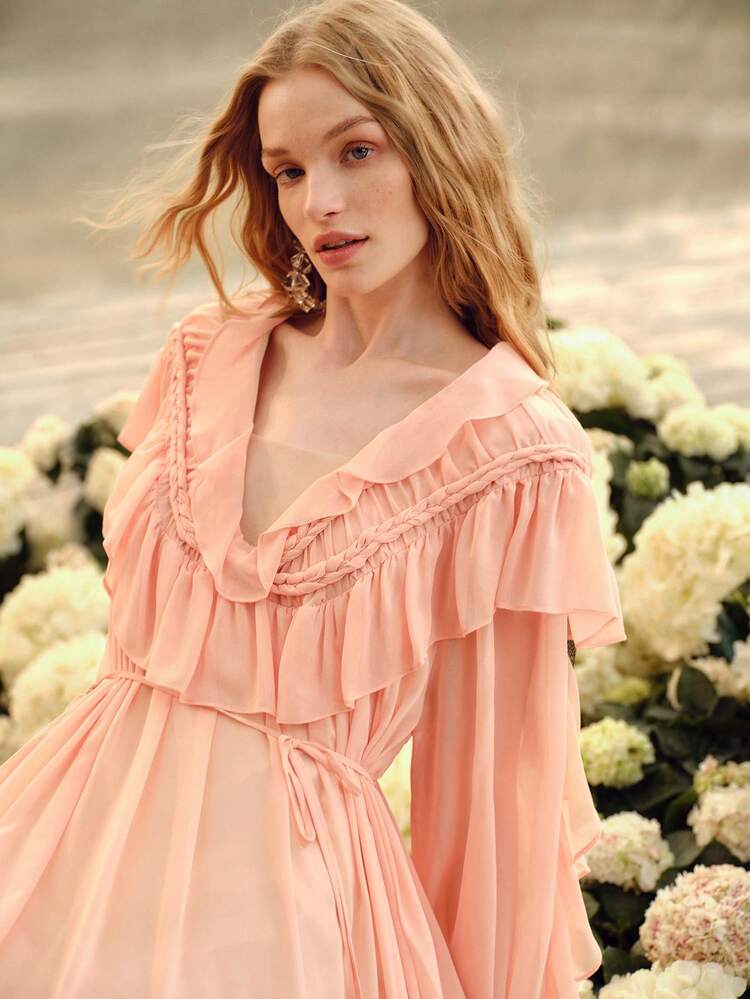 WOMEN'S V-NECK RUFFLE HEM DRESS, SPRING/SUMMER