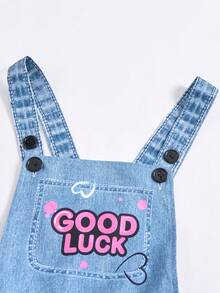 SHEIN ChillGRL 少女印花背带裤，适合返校季、个性化穿搭、春夏秋季、日常街头风 - 淺色水洗藍 - 查看 5