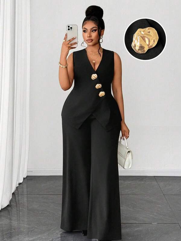 Maweii Plus Size Women Solid V-Neck Single-Breasted Vest Top And Wide Leg Pants Casual Suit Set