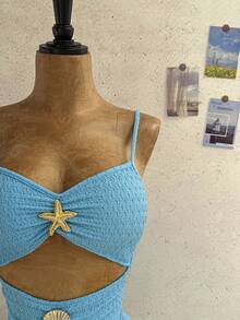 Soleia Vacation Outfits For Women Beach Outfits For Women Blue Women's Vacation White Knit Textured Metal Decor Fitted Jumpsuit, Suitable For Party, Date, Afternoon Tea, Music Festival, Beach Cruise, Summer Outfit - Green - View 4