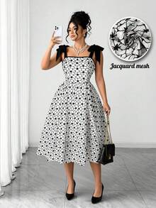 Rometta Plus Size Women's Elegant Chiffon Floral Print Square Neck Sleeveless A-Line Dress,White,Summer,Bachelorette Party,Tea Party,Wedding,Graduation,Dances - Black and White - View 3