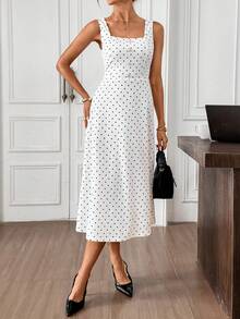 Editum Vestido de punto elástico con cuello cuadrado, sin mangas, con lunares blanco y negro, cintura ceñida, botones de perla, bajo en línea A, elegante para uso diario, ir al trabajo, primavera/verano - Blanco y Negro - Ver 6