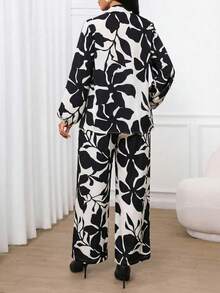 SHEIN Lady 2pcs Women Casual All-Over Print Long Sleeve Shirt And Pants Set - Black and White - View 2