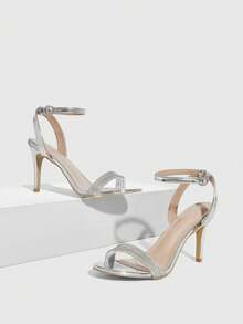 CUCCOO SZL Sandalias de tacón alto con tira de tobillo y punta puntiaguda con strass para mujer, elegantes y sexys para fiestas, banquetes y citas - Plateado - Ver 2