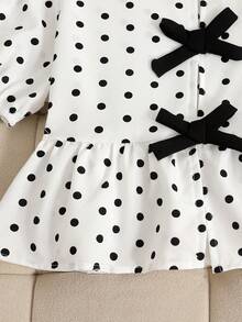 SHEIN Tween Girl Spring/Summer Fashionable Leopard Print Colorblock Bow Decor Ruffle Long Sleeve Blouse, Casual Vacation Tween Girl - White - View 4