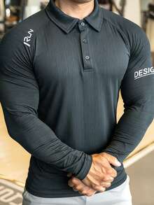 GymBeat Men's Breathable Casual Letter Print Long Sleeve Sports Polo Shirt - Multicolor - View 1