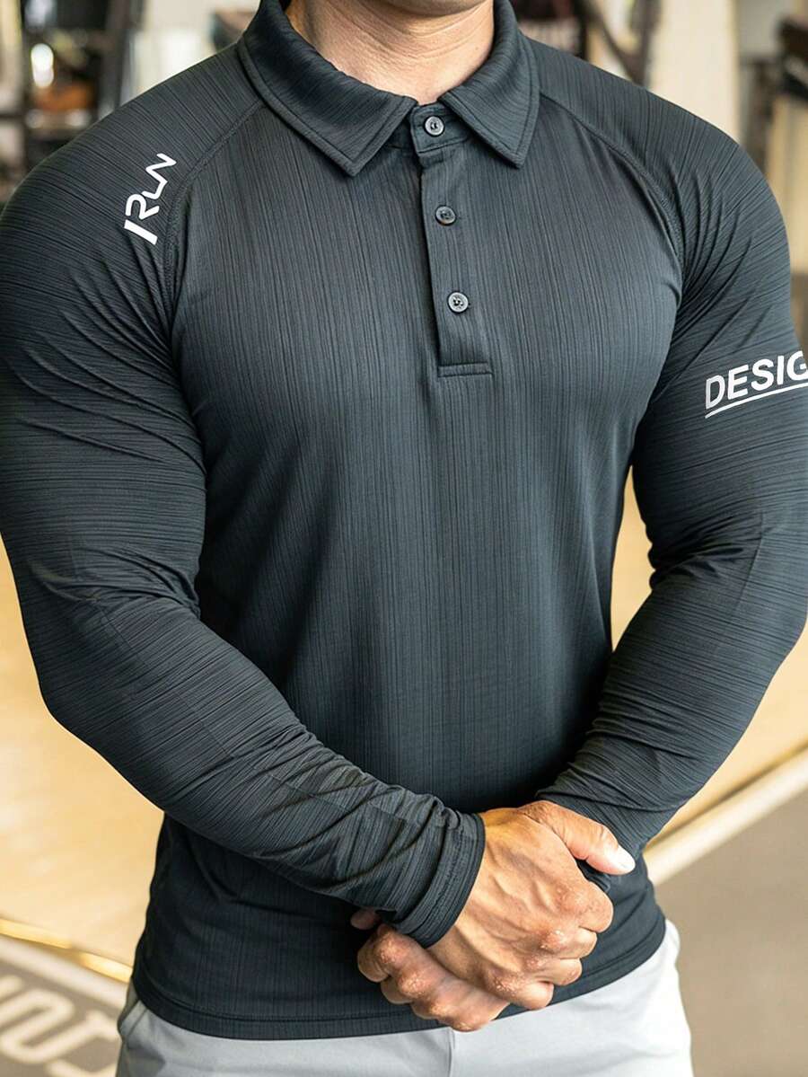 GymBeat Men's Breathable Casual Letter Print Long Sleeve Sports Polo Shirt - Multicolor - View 1