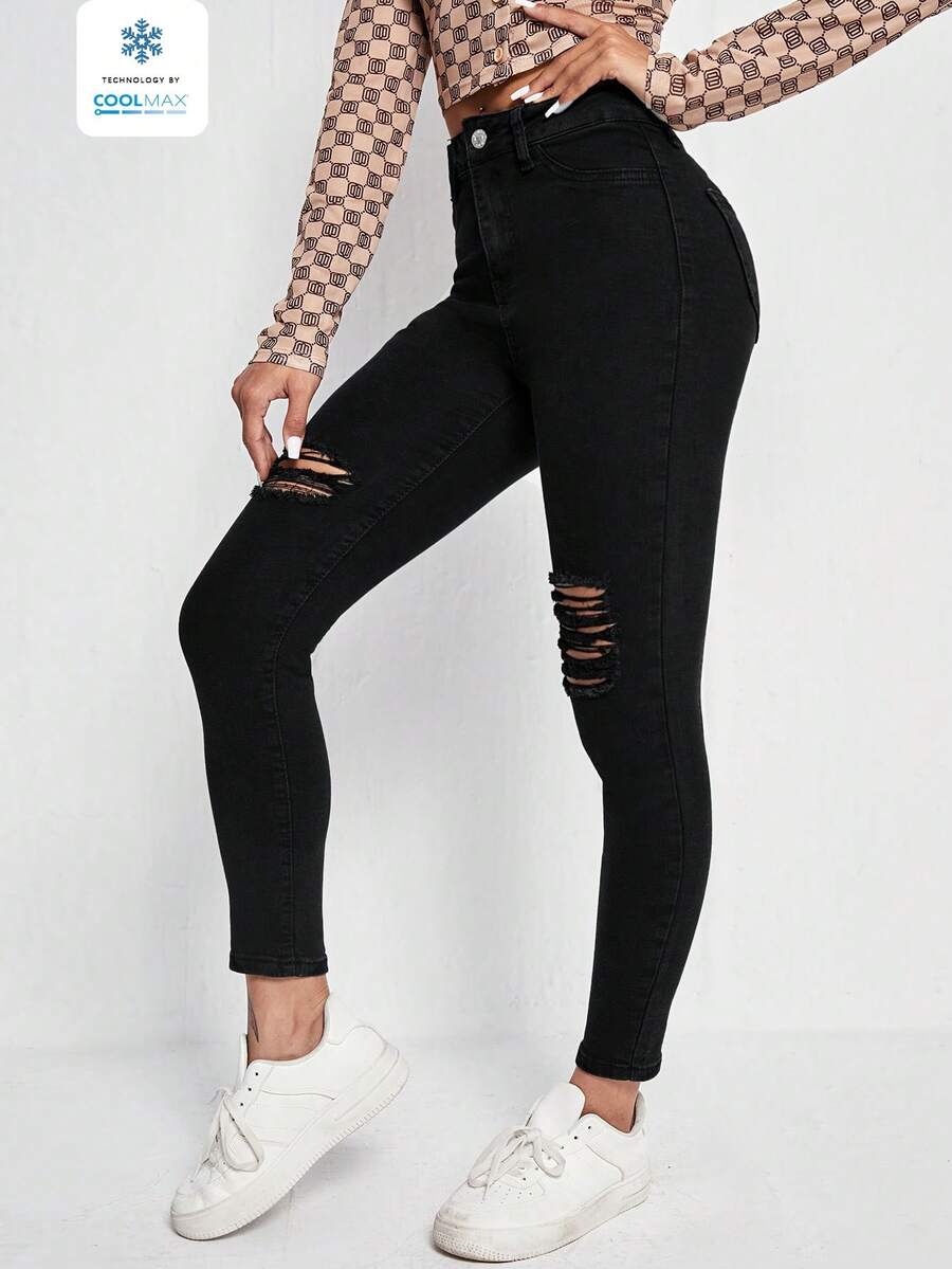 SHEIN ICON 高腰做旧纯色休闲时尚百搭牛仔裤 - 黑色 - 查看 1