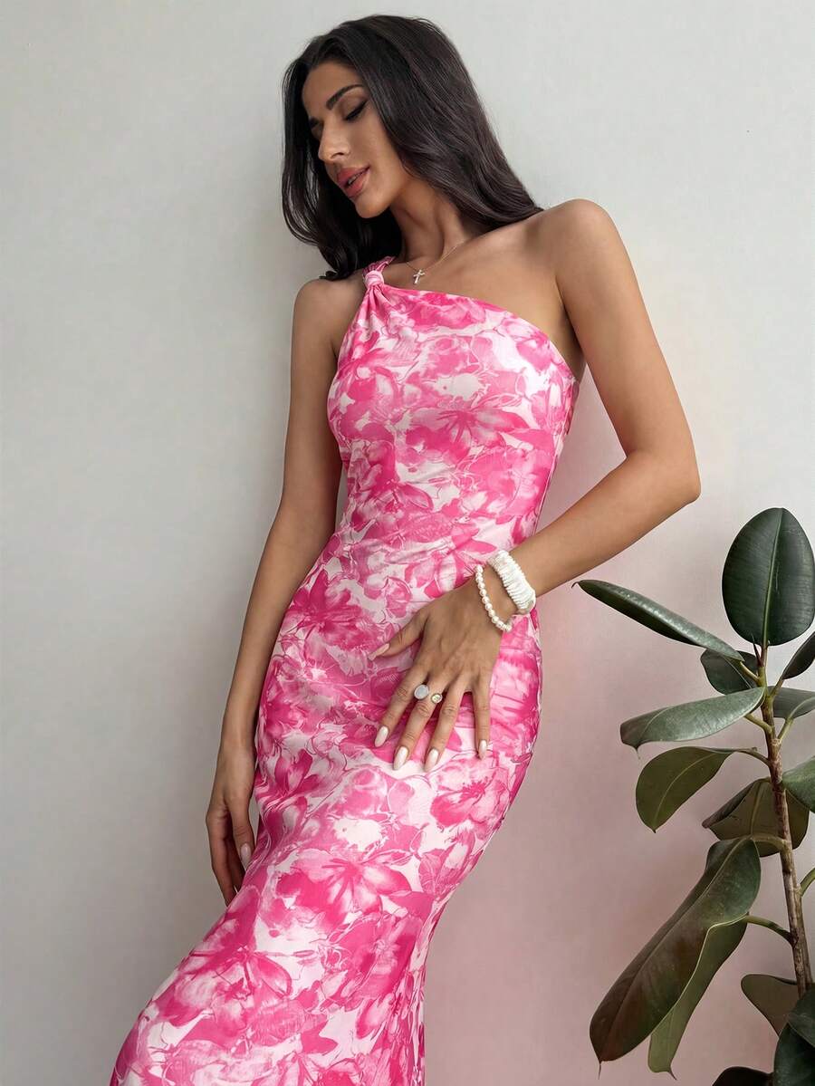 Firerie 女士优雅印花单肩鱼尾裙，适合度假、约会、音乐节等场合 - 粉色 - 查看 1