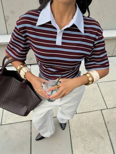 Siren Gaze Retro Preppy Striped T-Shirt For Women, Featuring A Contrasting Striped Collar And Short Sleeves, Slimming And Versatile, Suitable For Everyday Commuting, Casual Dates, And Various Other Occasions. A Stylish Top Perfect For Back-To-School Season. Maroon Striped Shirt Polo Shirt Summer