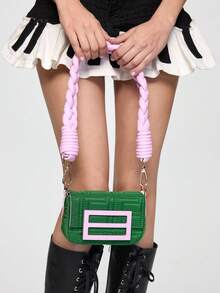 ROMWE Kawaii "2025 Petite Woven Phone Bag – Elegant Chain-Strap Mini Shoulder Bag (Signature Square Silhouette With Statement Strap)" - Green - View 4