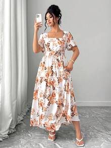 Elenzga Vestido de mujer talla grande de verano con estampado floral romántico, cuello cuadrado, espalda descubierta, cintura elástica y fluido, adecuado para playa, vacaciones y viajes al aire libre - Albaricoque - Ver 3