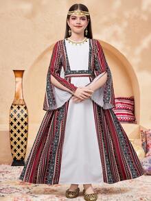 SHEIN Tween Girl White Autumn Boho Birthday Striped Patchwork Long Sleeve Waist Cinched Dress, Wine Red Arabic Modest Abaya Dress For Tween Girl, Countryside Style - Red - View 5