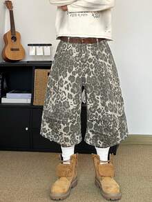 STEELVANCE 复古豹纹工装短裤，多口袋设计，字母和音符图案，宽松直筒版型，休闲街头风，夏季款 - 卡其色 - 查看 3