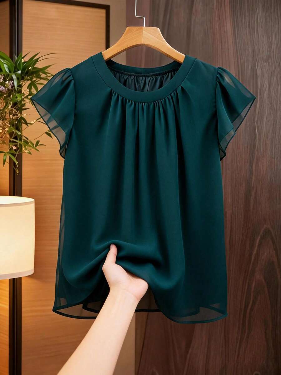 GlowEve CURVE Áo kiểu nữ cỡ lớn màu trơn dáng rộng cổ tròn tay bèo nhún, thanh lịch và đa năng, phù hợp mặc hàng ngày, đi làm, đi nghỉ mát, hẹn hò, phong cách vintage, mùa xuân/hè. - Màu xanh lá cây đậm - Xem 1